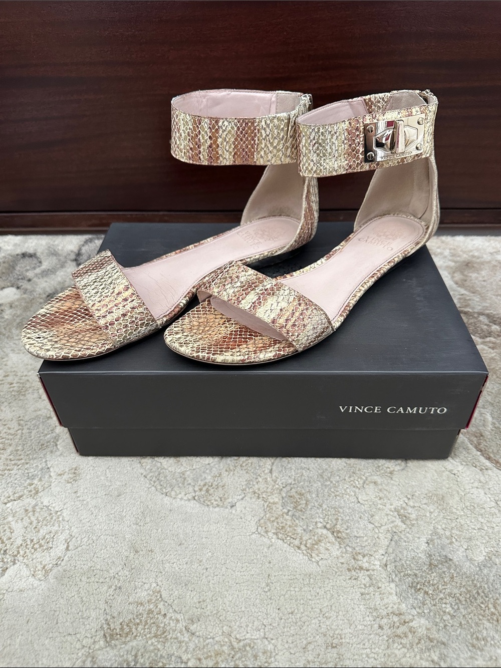 Vince Camuto Metallic Rose Gold Snake-Print Ankle Strap Sandals